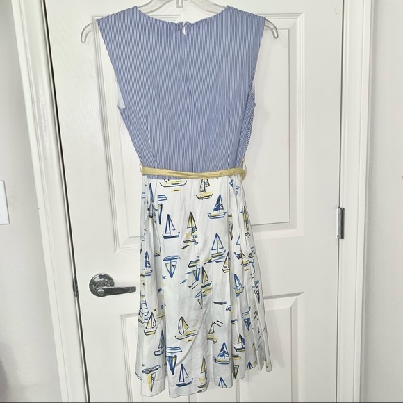 Chetta B Women's Blue Yellow Sleeveless Faux Wrap Dress Sz 10 Belt Pockets Boats - Picture 6 of 10